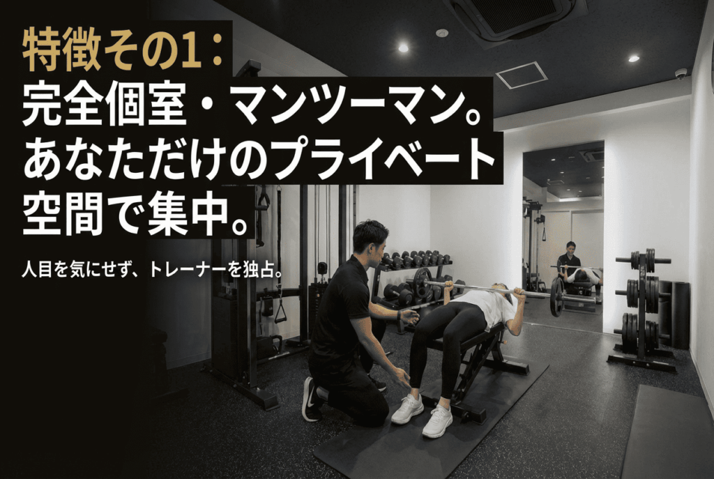 パーソナルジムT-BALANCEの特徴その1。「完全個室・マンツーマン。あなただけのプライベート空間で集中。」というキャッチコピー。人目を気にせずベンチプレスを行う女性会員とサポートするトレーナーの様子。プライバシー重視のトレーニング環境。