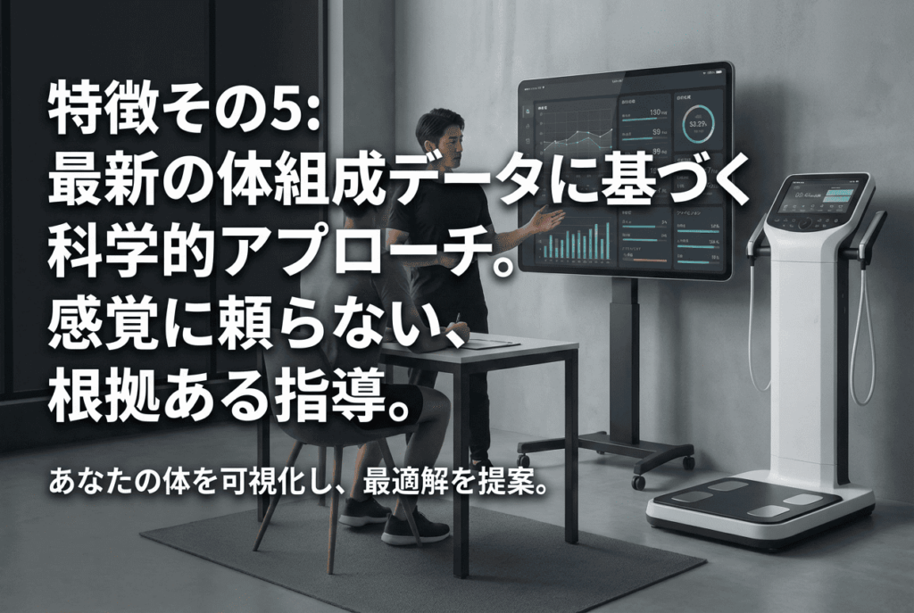 パーソナルジムT-BALANCEの特徴その5。「最新の体組成データに基づく科学的アプローチ。感覚に頼らない、根拠ある指導。」の文字。高性能な体組成計と大型モニターのグラフデータを見ながら解説するトレーナー。体の可視化による最適解の提案。