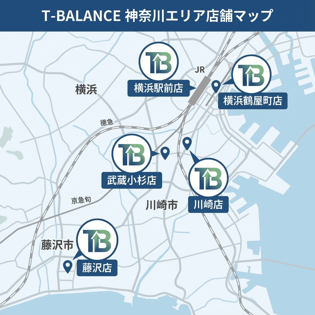 パーソナルジム T-BALANCE(ティーバランス)の神奈川エリア店舗マップ。横浜駅前店、横浜鶴屋町店、武蔵小杉店、川崎店、藤沢店の合計5店舗の所在地を記した地図画像。