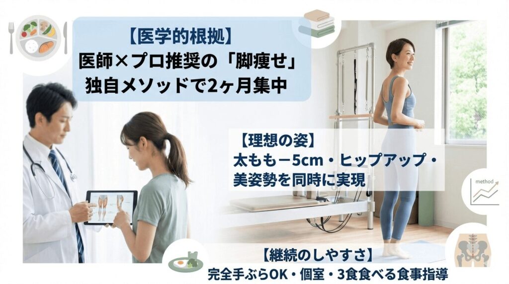 ビーコンセプトの医師×プロ推奨「脚痩せ」独自メソッドの概要図。2ヶ月で太もも-5cmやヒップアップ、美姿勢を目指せる効果と、完全個室・手ぶらOK・3食食事指導という継続しやすさの特徴を説明しています。