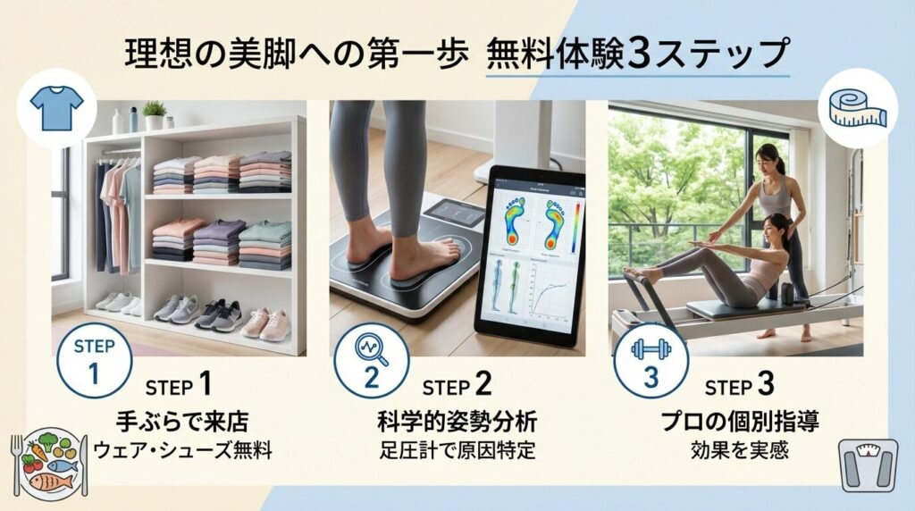 ビーコンセプト(B-Concept)の無料体験3ステップ。手ぶら来店(ウェア・シューズ無料レンタル)、足圧計を用いた科学的な姿勢・重心分析、プロトレーナーによる個別指導の流れを解説。横浜店などの実店舗で体験可能な美脚・下半身痩せプログラム。