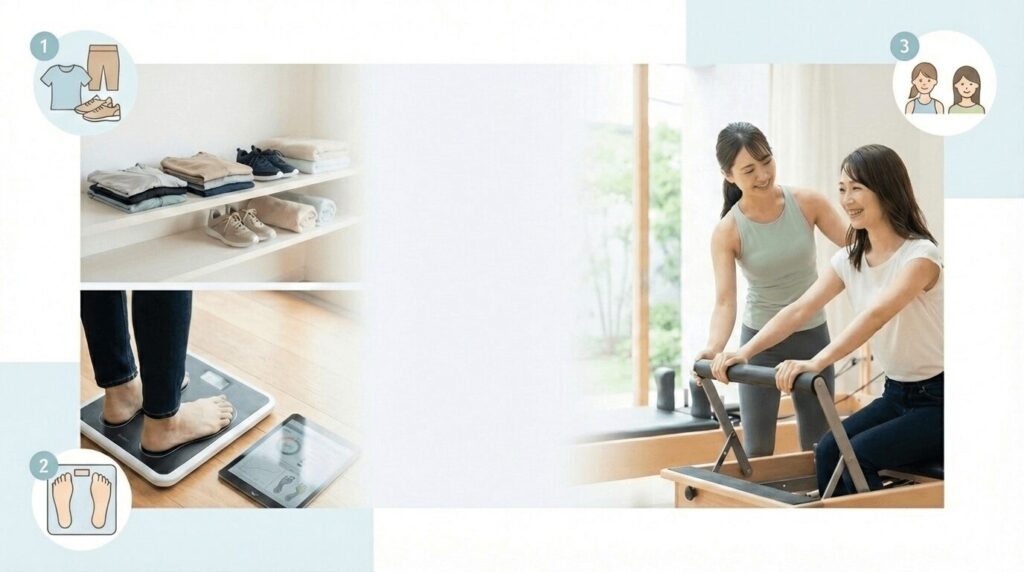 ビーコンセプトのマンツーマントレーニング風景と、無料レンタルのウェア・シューズ、最新機器によるボディチェックの様子。横浜店など各店舗で提供される充実した設備の紹介。